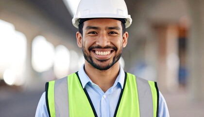 Smiling construction worker in safety gear at a construction site oversees progress
