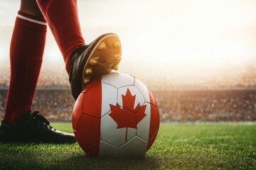 Soccer Player with Canadian Flag Ball on Stadium Field – Canada Soccer Concept