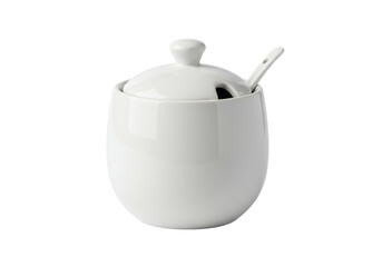 Isolated White Ceramic Sugar Bowl with Spoon