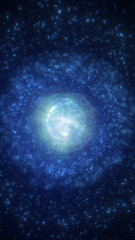 Glowing blue cosmic swirl resembling a galaxy center with surrounding stars and radiant particle clusters