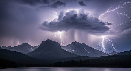 Celestial Fury: A Spectacular Lightning Storm Illuminates a Mountain Range Over a Lake.