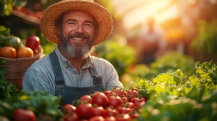 Cartoon farmer harvesting crops in sunny field with vegetables, fruits, and bright blue sky

