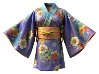 Purple floral Japanese kimono with orange obi sash and blue collar traditional clothing isolated on a transparent background
