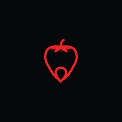 Stylized red strawberry outline against black background, modern, minimalist design