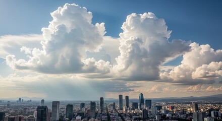 Naklejka premium Celestial Pillars: Majestic Clouds and Sunbeams Over Mexico City's Skyline