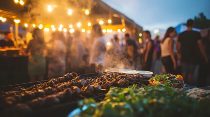 Obraz premium Grilled Skewers with Smoky Aroma at Outdoor Food Festival Night Market