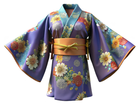Purple floral Japanese kimono with orange obi sash and blue collar traditional clothing isolated on a transparent background