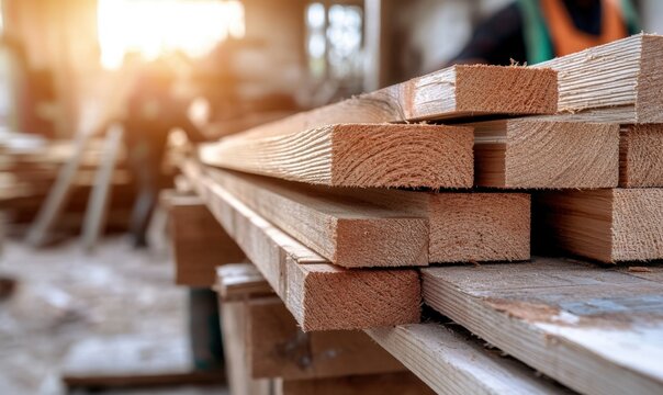Various types of wooden planks are stacked neatly in a workshop, showcasing different textures and colors illuminated by soft afternoon light, ready for upcoming building projects