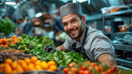 Smiling chef amidst fresh produce in a commercial kitchen.