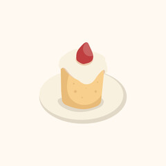 Cute vector of a strawberry shortcake dessert with cream topping on a plate, perfect for sweet food and menu designs.
