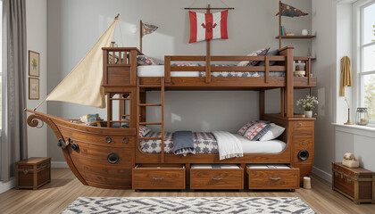 Unique wooden bunk bed shaped like a ship offers a playful nautical theme for kids' bedrooms, creating a whimsical and adventurous sleeping space with built in storage.
