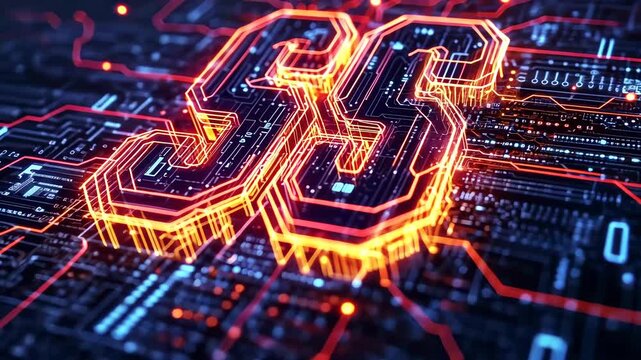 Futuristic glowing circuitry with stylized initials