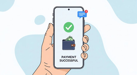 Flat Vector Mobile Payment Success Confirmation with E-Wallet on Smartphone