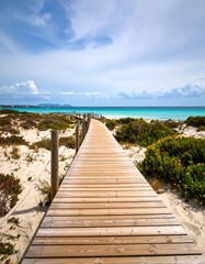 Obraz premium Wooden walkway leading to turquoise beach