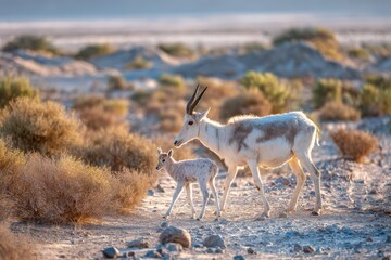 a young addax calf walking beside mother