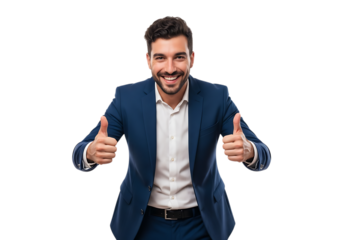 Smiling businessman in a suit giving thumbs up with both hands expressing success and approval on white isolated on transparent background