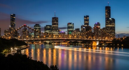 Naklejka premium Majestic brisbane skyline at twilight, story bridge illuminated over tranquil river reflections
