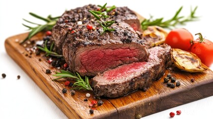 Freshly Cooked Meat with Herbs and Vegetables on Wooden Cutting Board
