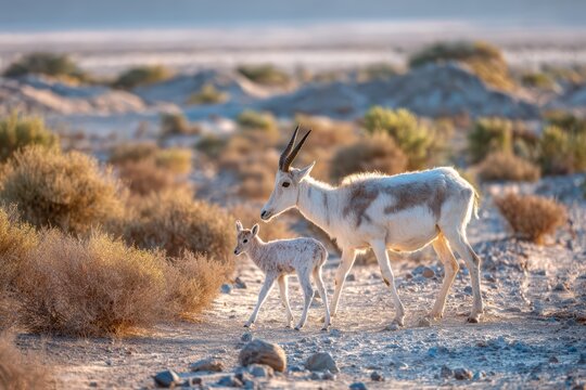 a young addax calf walking beside mother