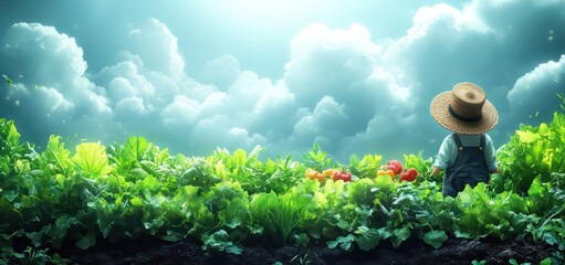 Cartoon farmer harvesting crops in sunny field with vegetables, fruits, and bright blue sky

