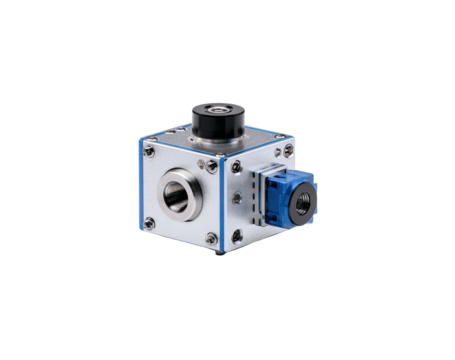 Precision, metallic cube-shaped device with various components.  Metal housing with  blue accents.  Possible optical or pneumatic function