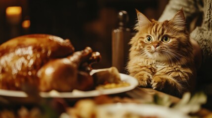 Ginger cat stares intently at roasted poultry on a festive table