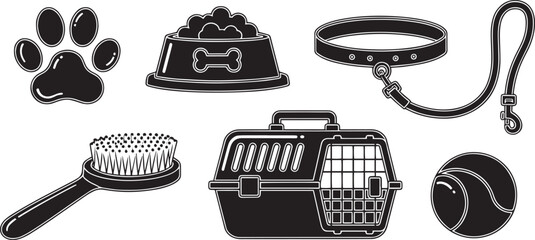 Vector art of set of pet care and accessory icons including paw print, food bowl, collar, leash, brush, carrier, and ball, isolated on white background