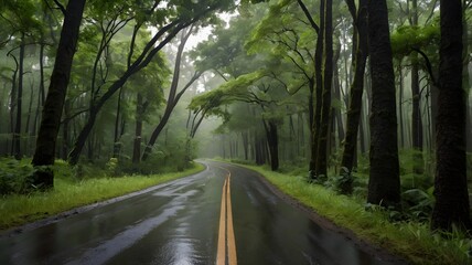 Fototapeta premium Rainy season road lined with lush green trees, glistening under fresh rainfall, creating a serene and scenic pathway perfect for peaceful drives or walks in nature