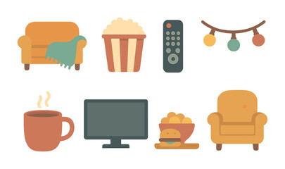 Cozy Movie Night Icons. Flat vector mini-illustrations Movie night setup in colors children's illustrations: