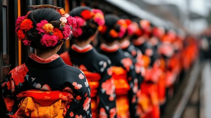Naklejka premium Traditional Japanese Kimono Women Boarding Train with Floral Hairpieces