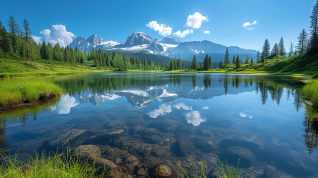 Scenic mountain lake reflecting snow-capped peaks and lush greenery under a clear blue sky.