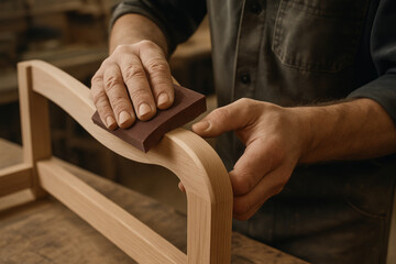 Artisan focused on precise wood shaping, capturing the skill, patience, and mastery behind expert woodworking craft.