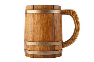 Wooden beer mug with metal bands isolated on transparent background