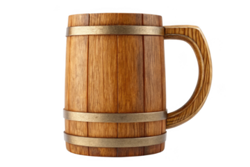 Wooden beer mug with metal bands isolated on transparent background