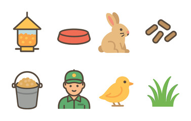 Animal Feeding Icons. Flat vector mini-illustrations animal feeding in colors children's illustrations: feeder