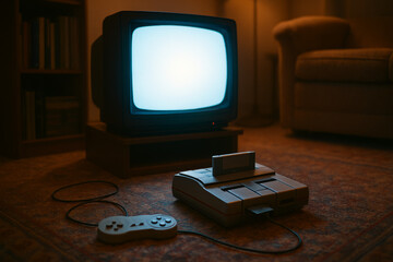 Retro gaming console with wired controller and CRT TV in warm vintage room