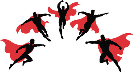 Superhero silhouettes in semi-circle formation with flowing red capes, dynamic poses emphasizing strength, unity, and iconic heroic motion