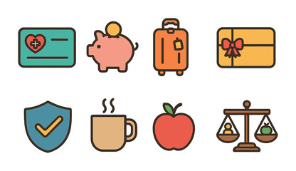 Employee Benefits Icons. Flat vector mini-illustrations Employee benefits in colors children's illustrations: