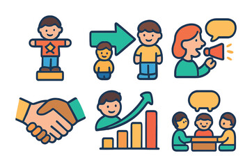 Fototapeta premium Colorful Leadership Icons. Flat vector mini-illustrations Leadership support in colors children's