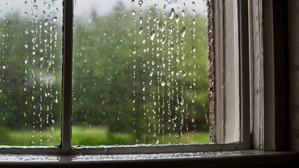 Naklejka premium A serene view through a window adorned with delicate raindrops, capturing the peaceful charm of rainy days and the soothing rhythm of falling rain outside