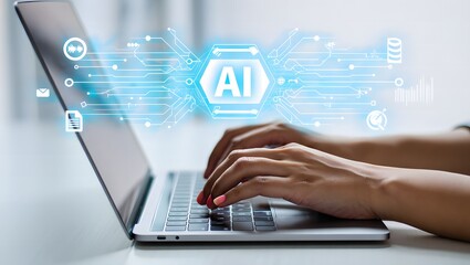 Person typing on a laptop with glowing ai and technology icons displayed