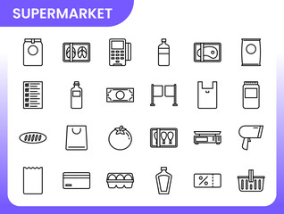Supermarket and grocery store line art icons bundle with various shopping and food items for website design, digital marketing, and user interface.