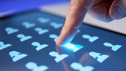 Close up of a finger selecting a glowing person icon on a digital screen