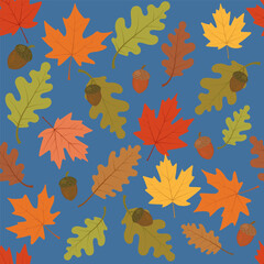 Seamless pattern of autumn maple and oak leaves and acorns. For wrapping, gift paper, backgrounds, banners, textile. Vector illustration in yellow, brown, olive, terracota tones on blue background.