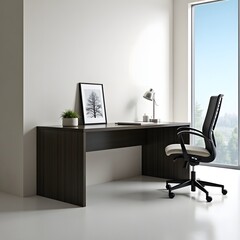 Modern dark wood office desk with ergonomic chair and desk lamp
