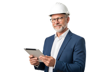 Experienced construction engineer in hard hat using a tablet to oversee the project on transparent background