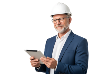 Experienced construction engineer in hard hat using a tablet to oversee the project on transparent background