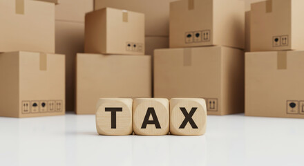 The word tax is laid out in wooden cubes on a white surface against the background of a large number of cardboard mail boxes