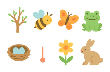 Fototapeta premium Springtime Icons Grid. Flat vector mini-illustrations Early spring effects in colors children's illustrations: