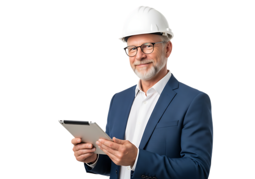 Experienced construction engineer in hard hat using a tablet to oversee the project on transparent background